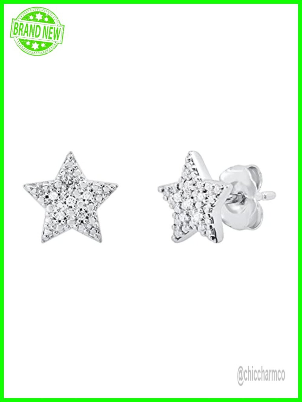 Sterling Silver Star Stud Earrings with 0.05 Carat White Diamond Accents